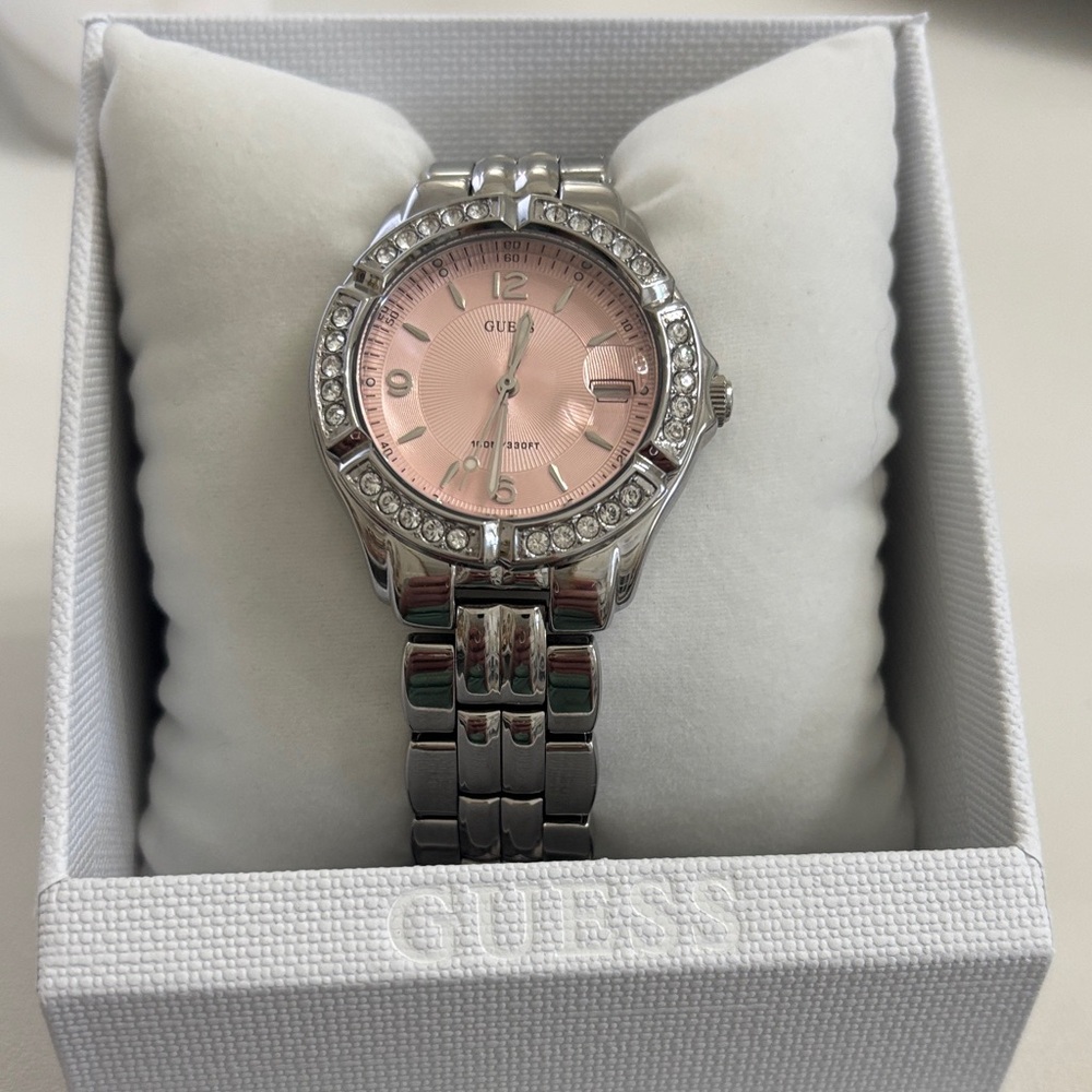 Guess Women's Silver Watch with Pink Dial and crystals
